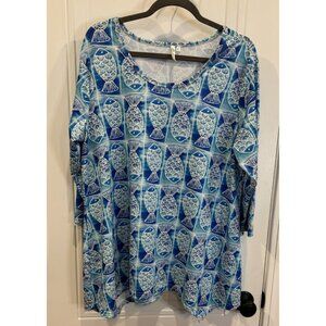 Lulu B XL Tunic Top Cobalt Aqua White Fish Print EUC Coastal Beach Casual Cruise
